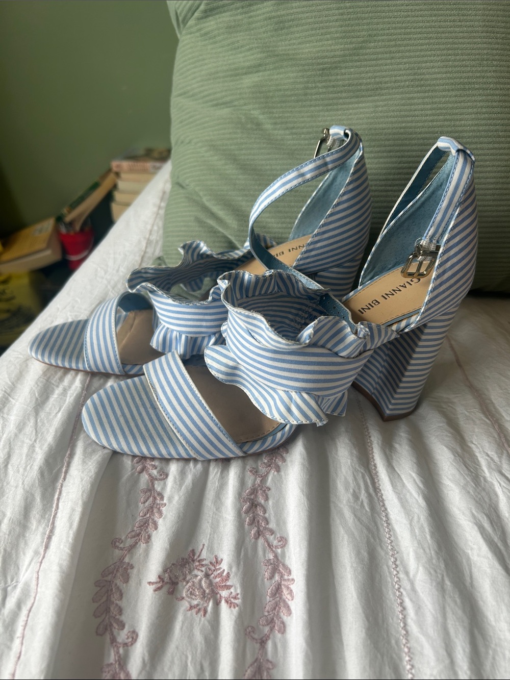 Gianni Bini Blue Striped Ruffle Block Heel Sandals